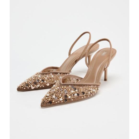Zara Shoes - ZARA NWT Mesh Beaded Slingback Heel Light Brown Women's 38/US 7.5